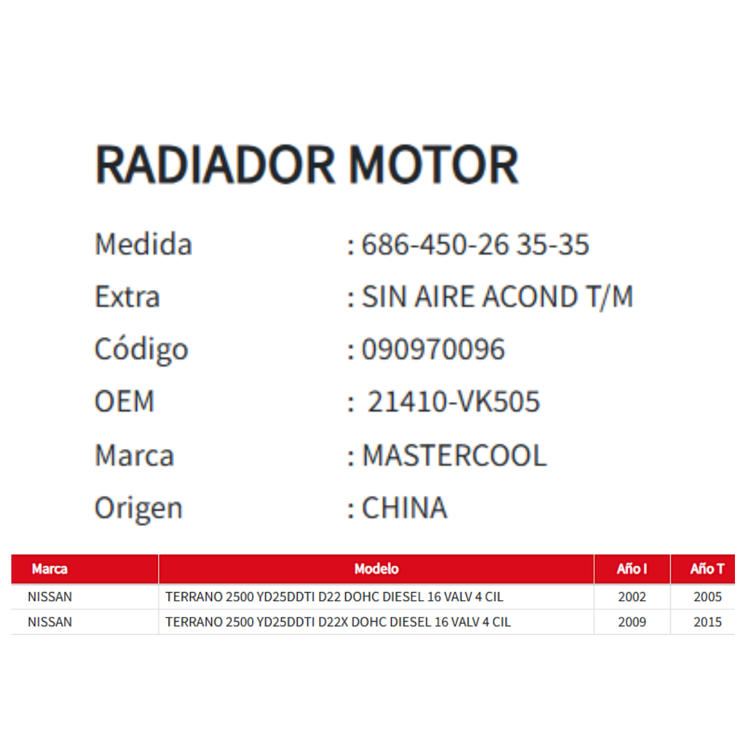 RADIADOR MOTOR NISSAN TERRANO D22 2.5 2002-2015