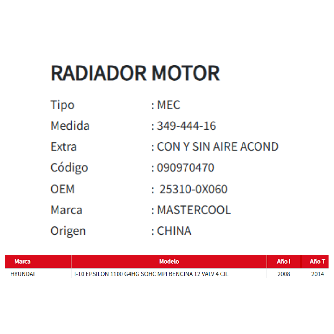 RADIADOR MOTOR HYUNDAI I-10 1.1 2008-2014