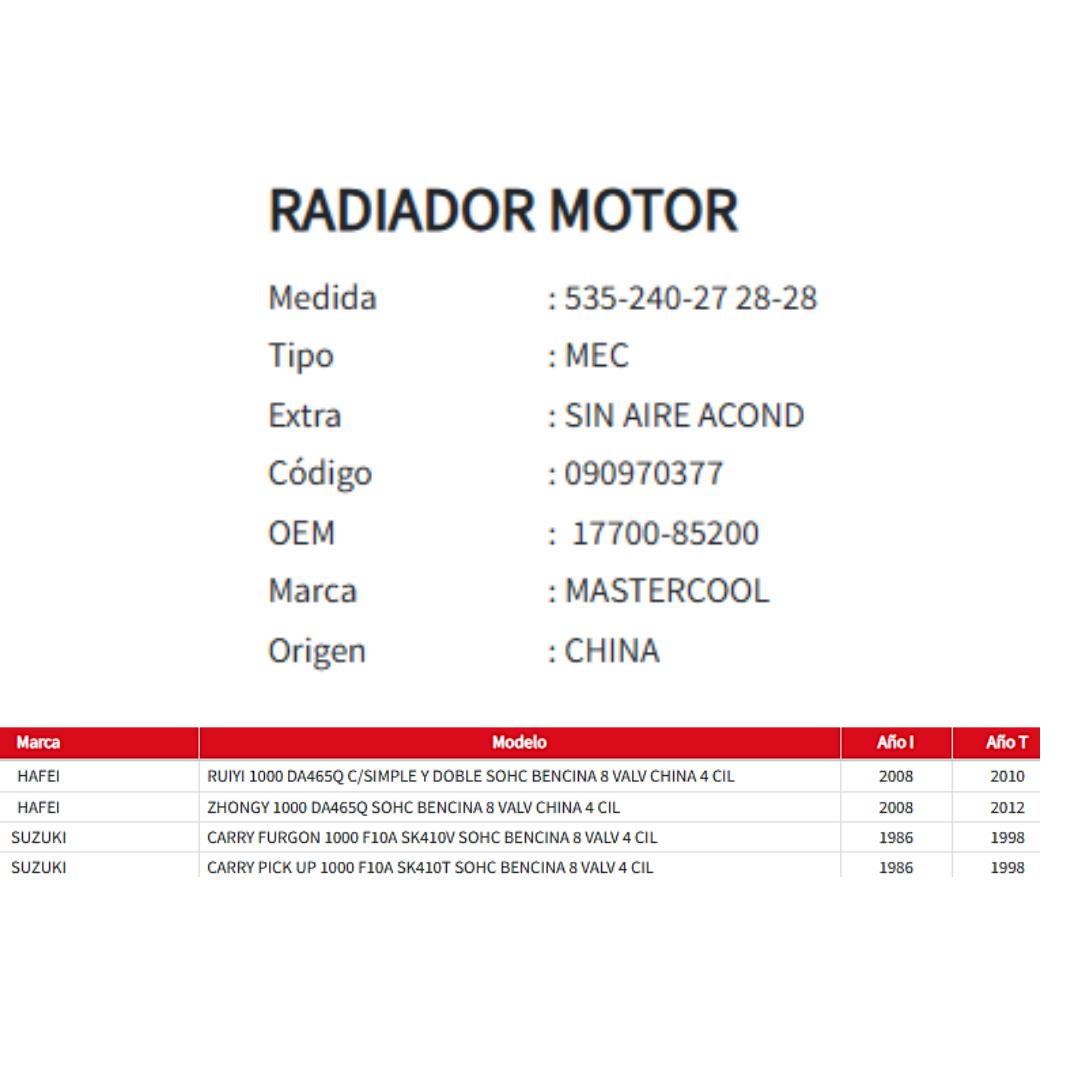 Radiador Motor Hafei Ruiyi - Zhongy / Suzuki Carry 1.0 (1986 al 2012)
