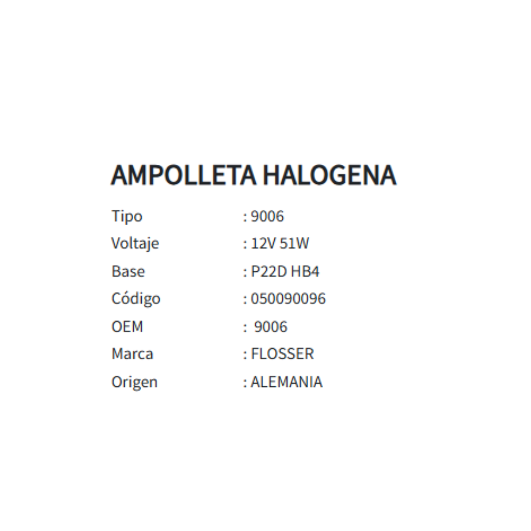 AMPOLLETA HALOGENA 9006 12V/51W BASE P22d/HB4
