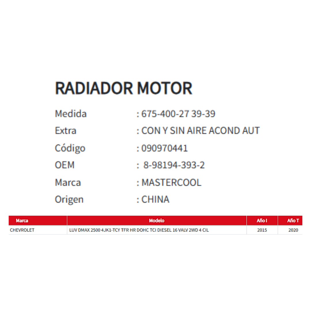 Radiador Motor Chevrolet Luv D-Max 2.5 (2015 al 2020)