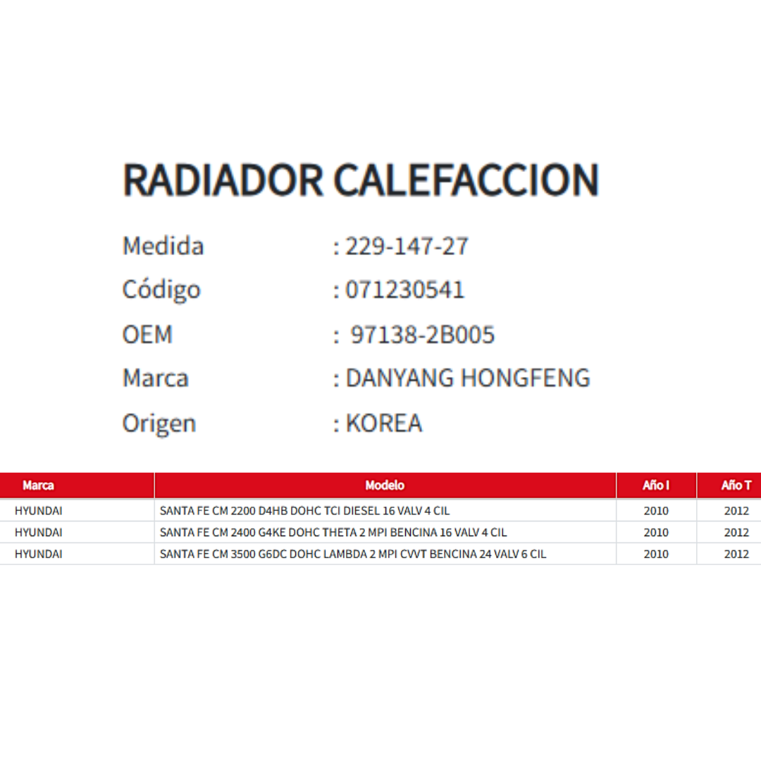 Radiador de Calefacción Hyundai Santa Fe 2.2 / 2.4 / 3.5 (2010–2012)