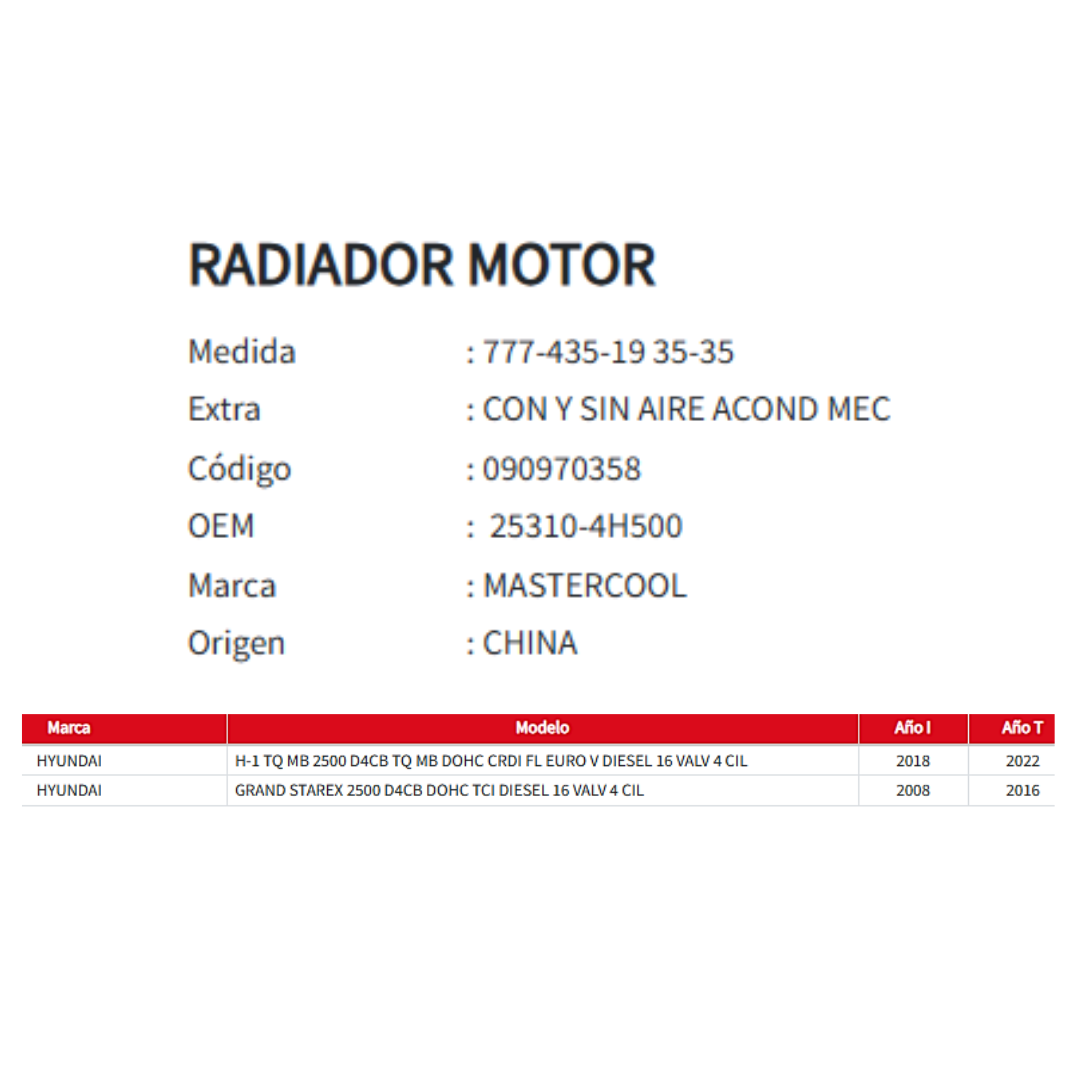 Radiador Motor Hyundai H1-Grand 2.5 (2008-2022)