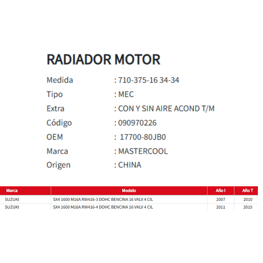 Radiador Motor Suzuki Sx4 1.6 2007-2015