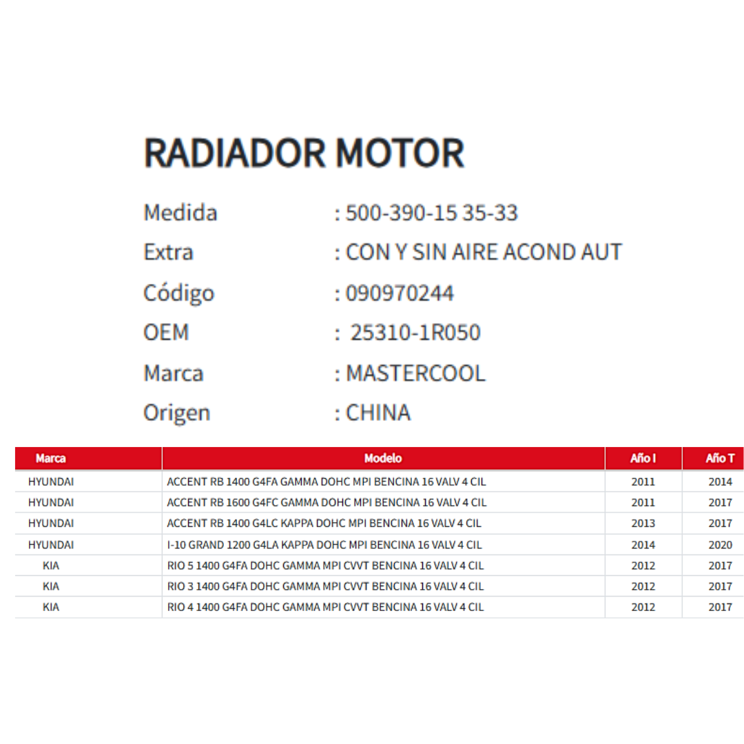 Radiador Motor Hyundai Accent-i10 - Kia rio 3-4-5 2011-2020