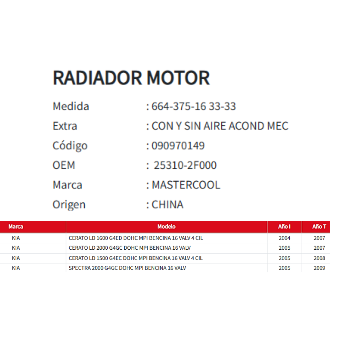 Radiador Motor Kia Cerato-spectra 1.5/1.6/2.0 04-08