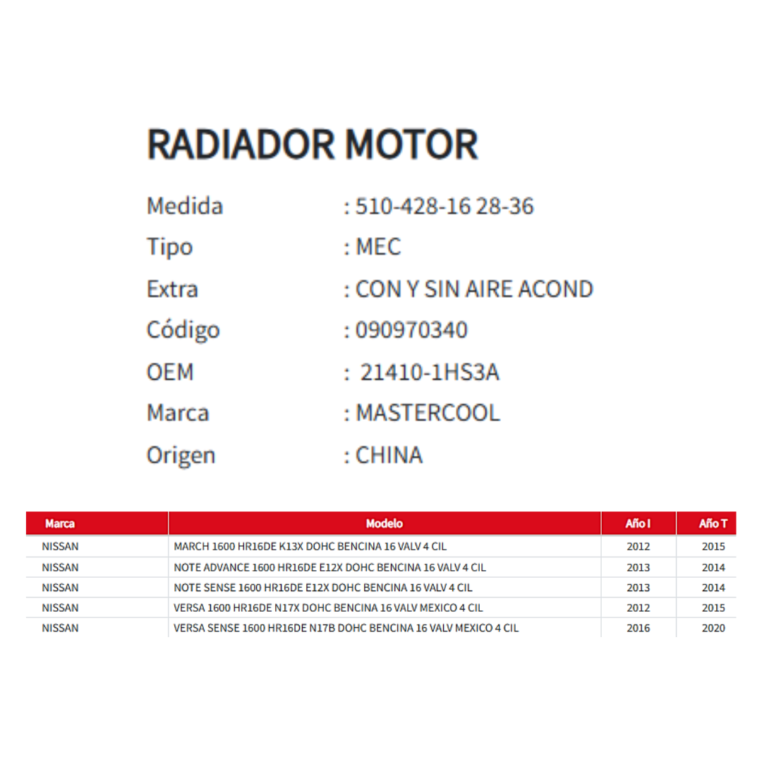 Radiador Motor Nissan March 1.6 (2012-2020)