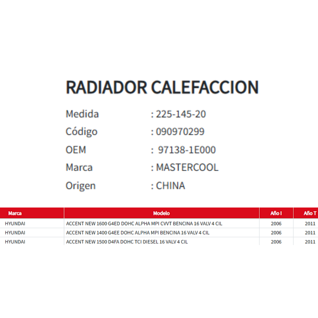 Radiador de Calefacción Hyundai Accent 1.4 / 1.5 (2006–2011)
