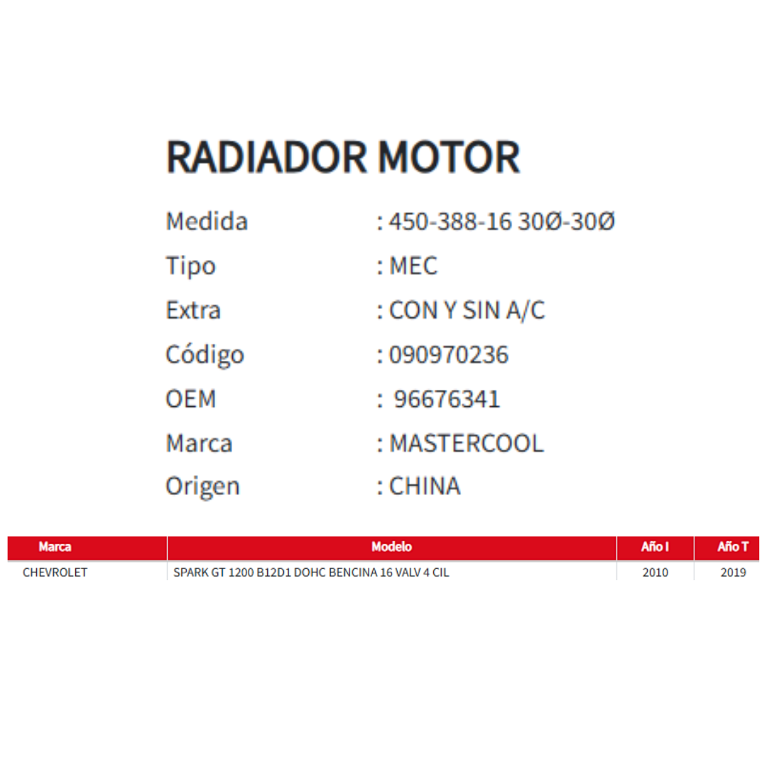 Radiador Motor Chevrolet Spark GT 1.2 L (2010 al 2019)