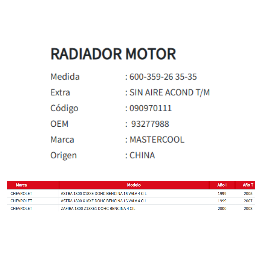 Radiador Motor Opel/chev Astra Zafira 1.8 T/m S/acond