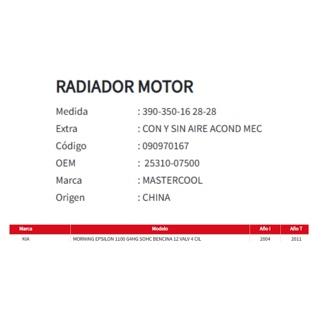 Radiador Motor Kia Morning 1.1 (2004–2011)