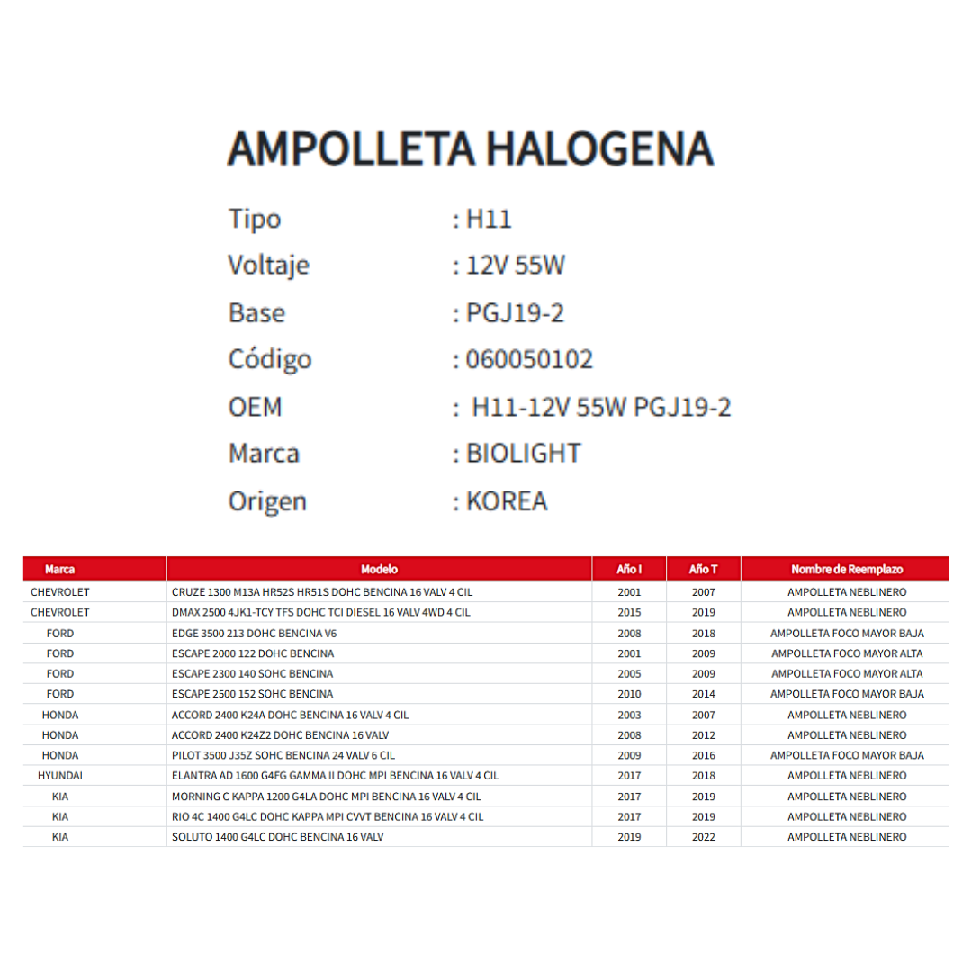 AMPOLLETA HALOGENA MOD-H11 12V/55W/ BASE PG19-2 UNIVERSAL