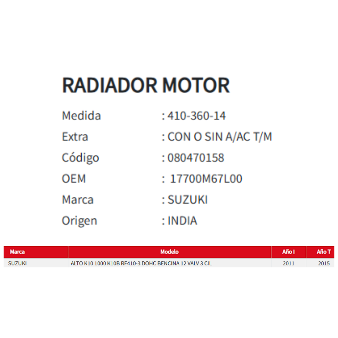 Radiador Motor Suzuki Alto K10 1.0 2011-2015