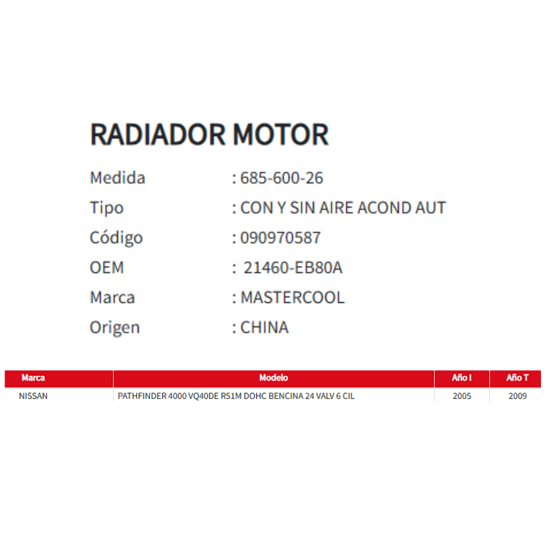Radiador Motor Nissan Pathfinder 4.0 (2005–2009)