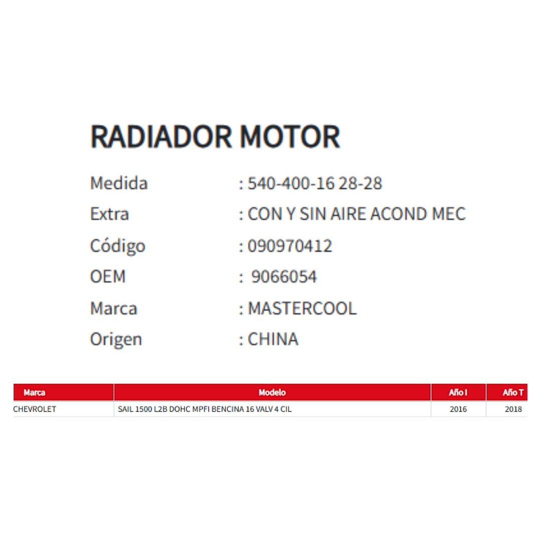 Radiador Motor Chevrolet Sail 1.5 (2016-2018)