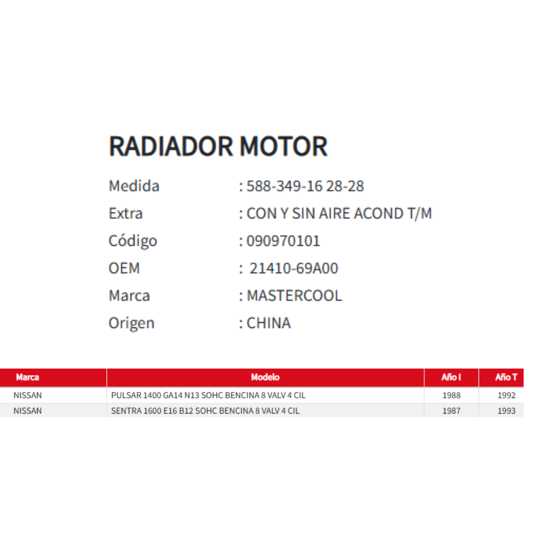 Radiador Motor Nissan Sentra - Pulsar 1.4 / 1.6 (1987 al 1993)