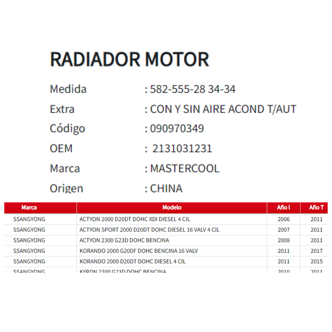 Radiador Motor SsangYong Actyon - Korando 2.0 / 2.3 (2006 al 2017)
