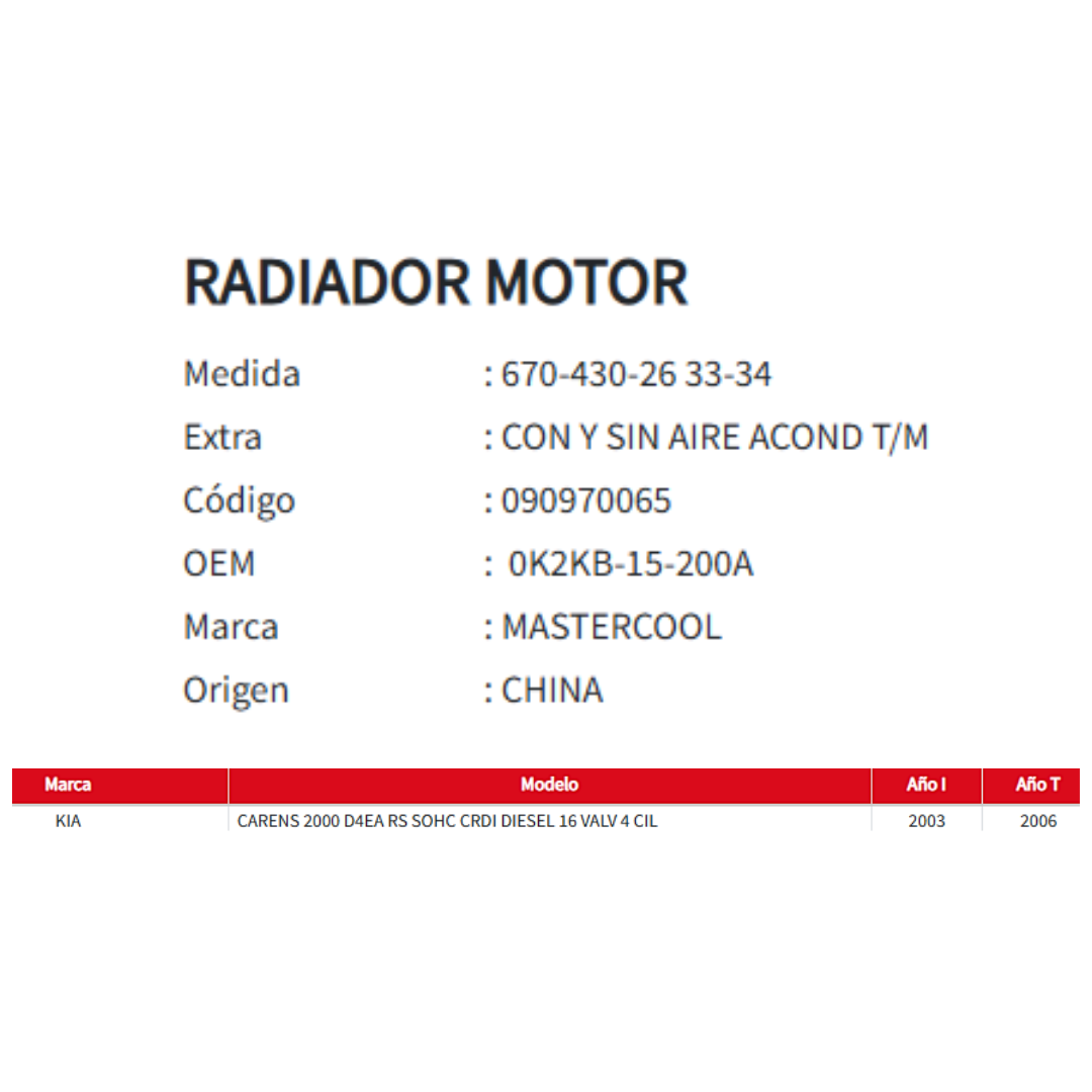 Radiador Motor Kia Carens 2.0 (2003 al 2006)