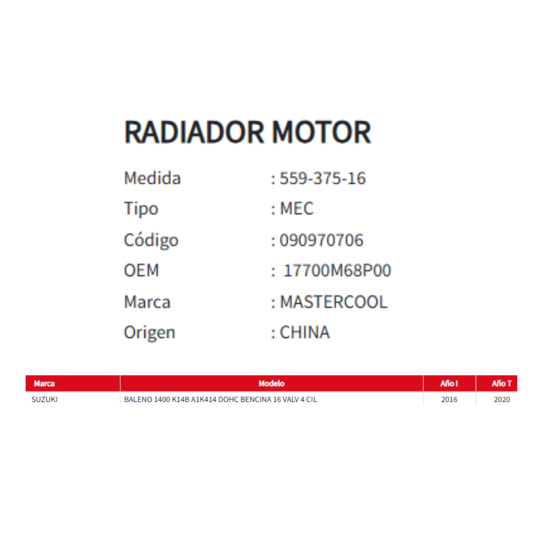 Radiador Motor Suzuki Baleno 1.4 (2016-2020)