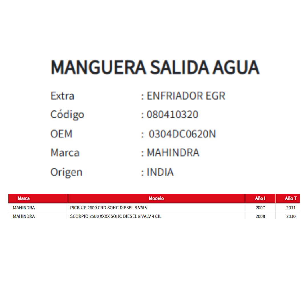 Manguera Salida De Agua Egr Mahindra Goa 2.5 Scorpio 2.6 2