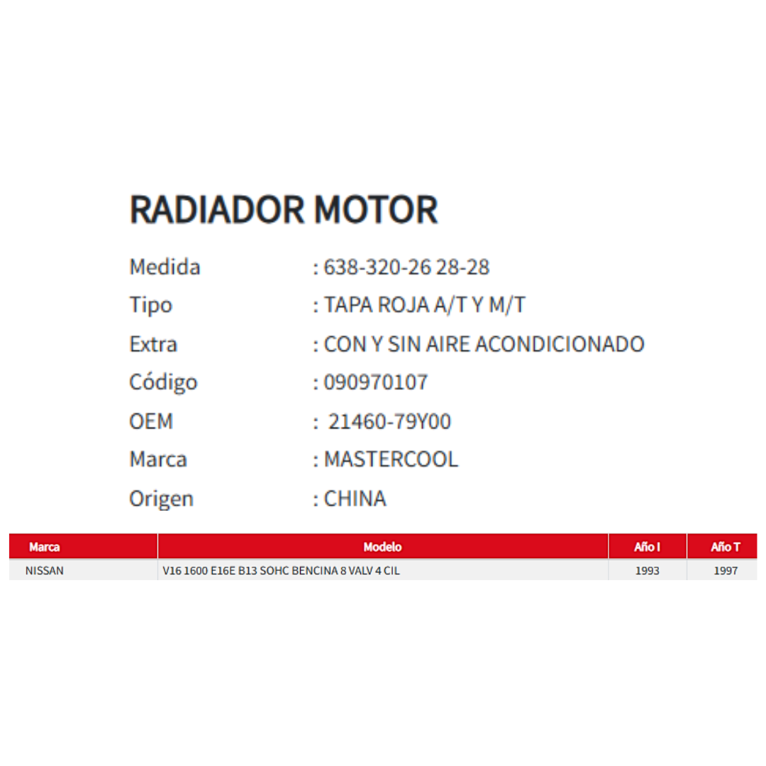Radiador Motor Nissan V16 1.6 1993-1997 TAPA ROJA
