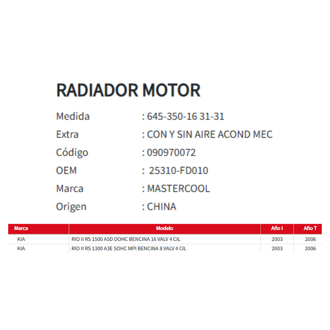 Radiador Motor Kia Rio 2 1.3/1.5 2003-2006