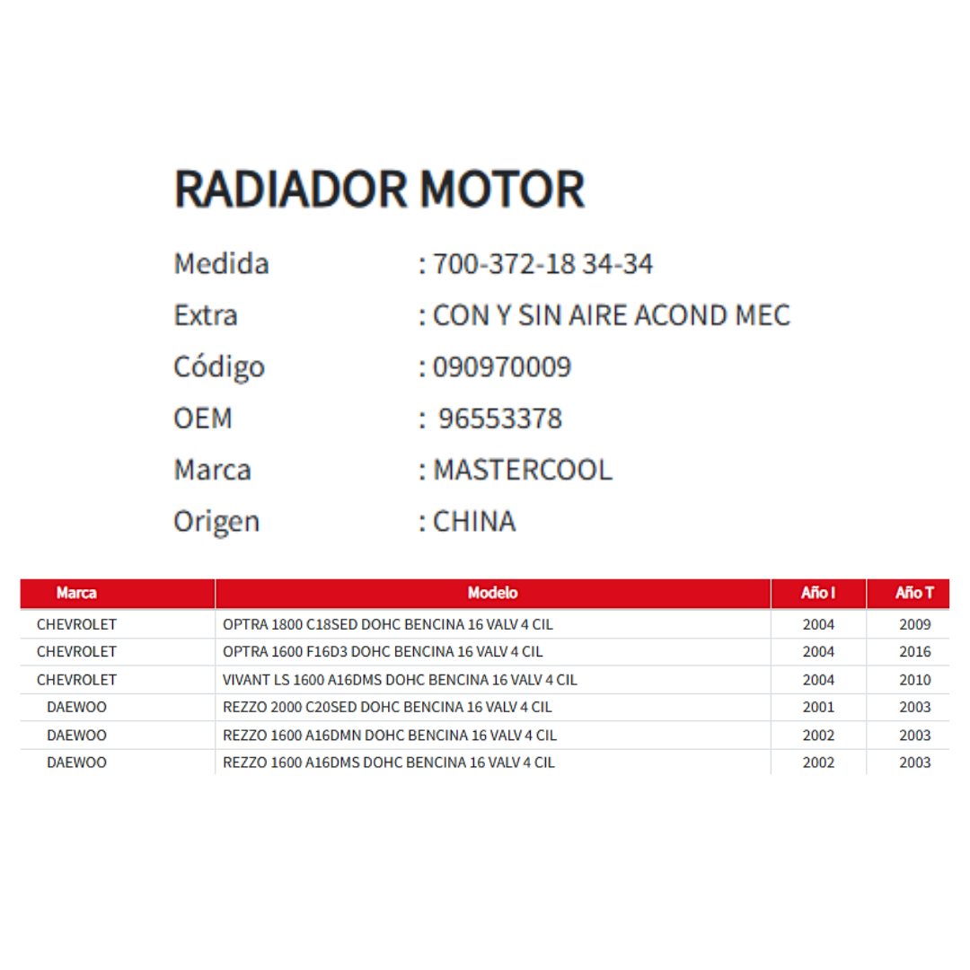 Radiador Motor Chevrolet Optra / Vivant LS – Daewoo Rezzo 1.6 / 1.8 / 2.0 (2001–2016)