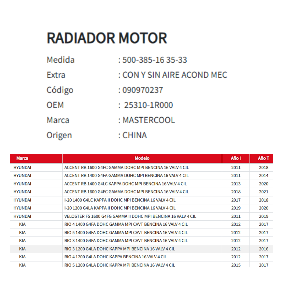 Radiador Motor Hyundai Accent / i20 - Kia Rio 3 - 4 - 5 1.2 / 1.4 / 1.6 (2011 al 2020)