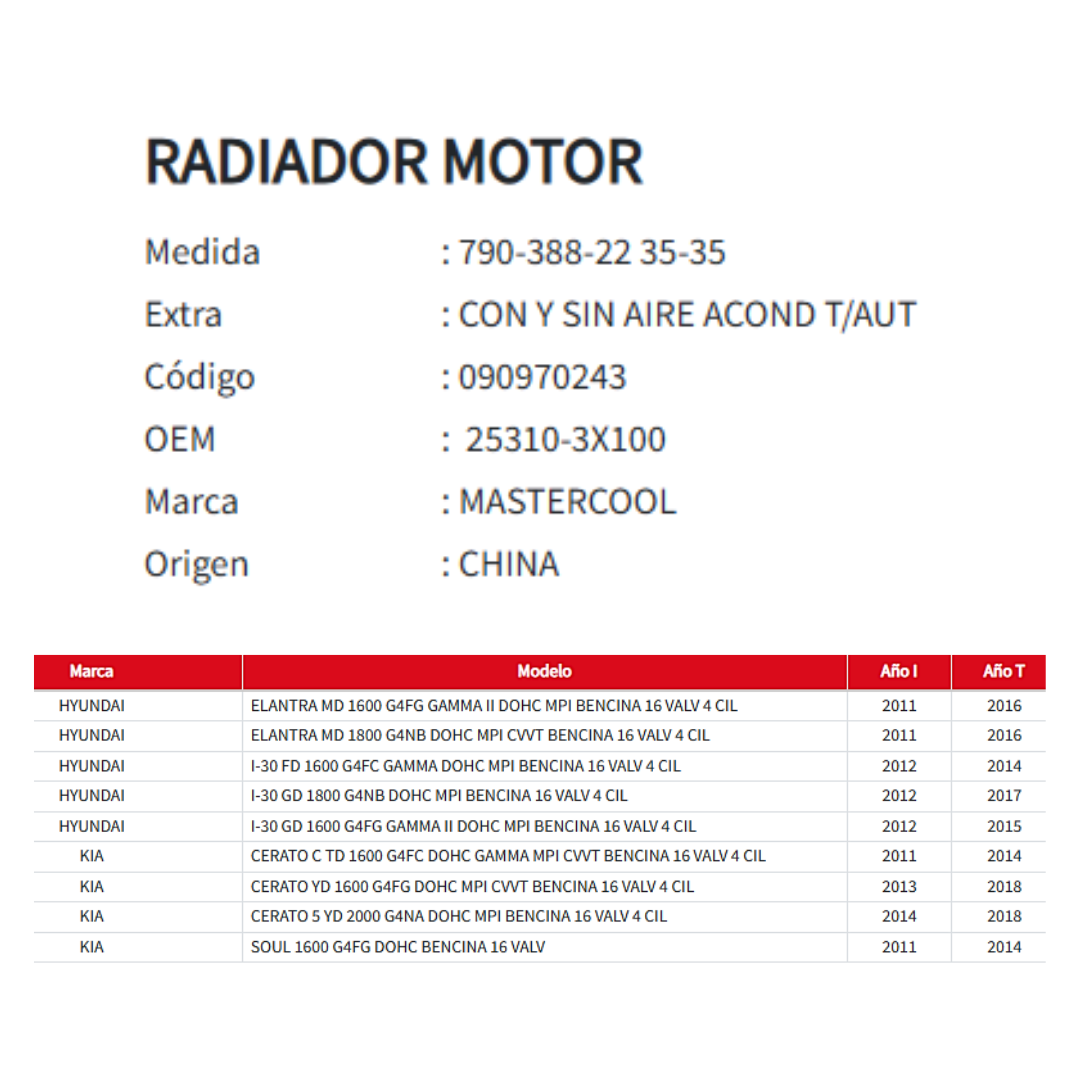 Radiador Motor Hyundai Elantra / Kia Cerato 1.6 – 2.0 (2011–2018)
