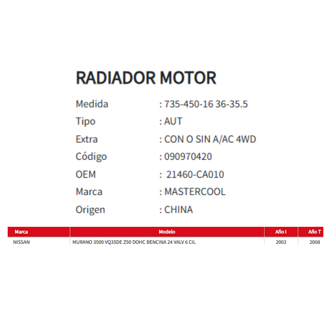 Radiador Motor Nissan Murano 3.5 Z50 2003-2008