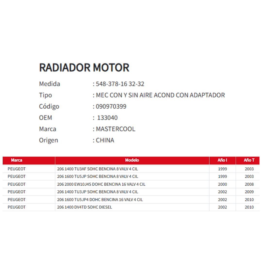 Radiador Motor Peugeot 206 1.4 / 1.6 / 2.0 (1999 al 2010)
