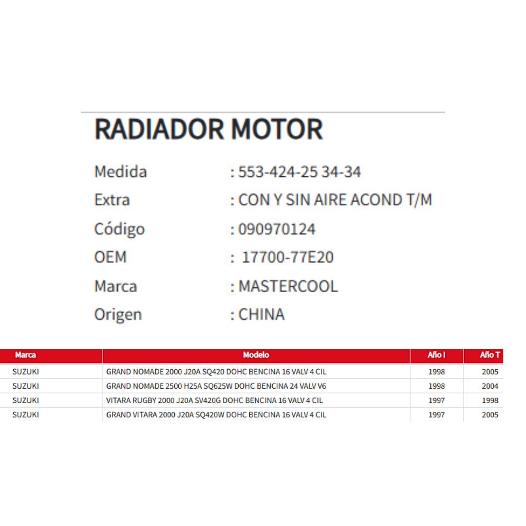 Radiador Motor Suzuki Rugby 2.0 1997-2005
