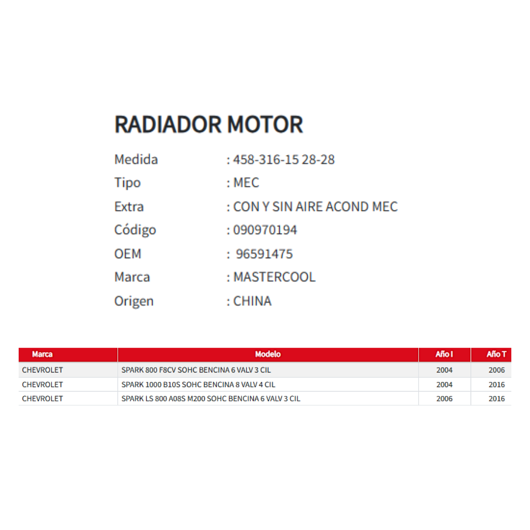 Radiador Motor Chevrolet Spark 0.8 / 1.0 (2004-2016)
