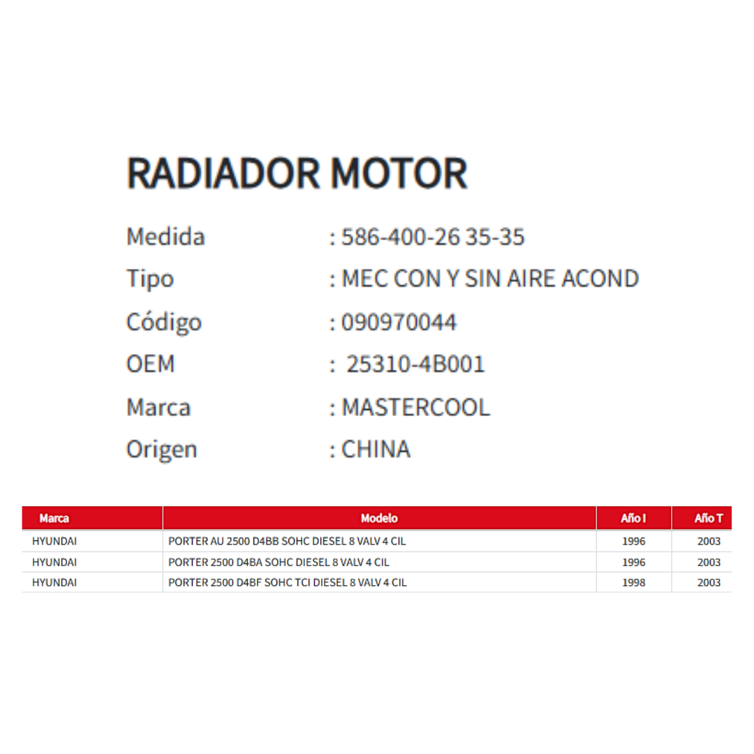 Radiador Motor Hyundai H100 / Porter Au 2.5