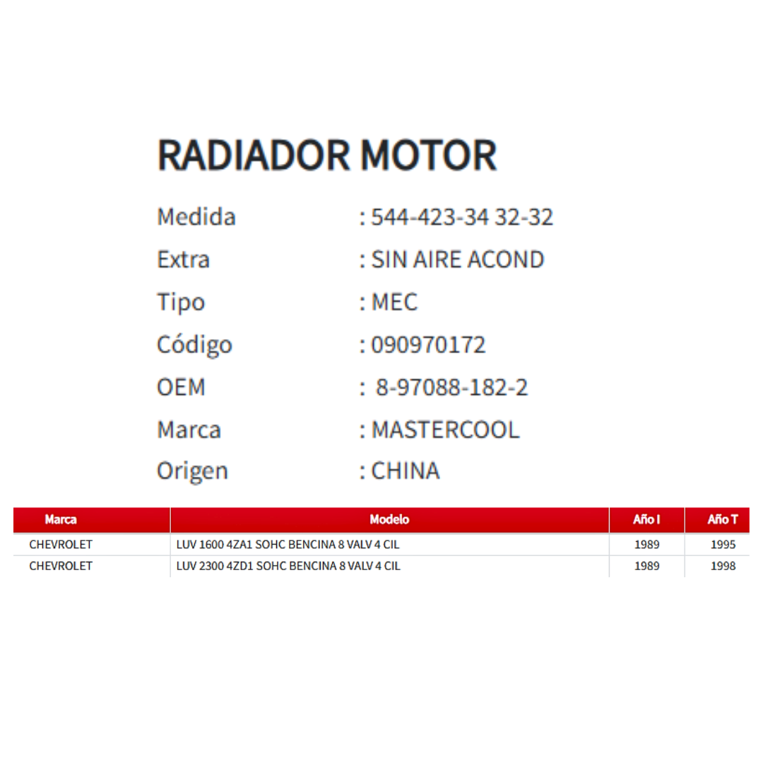 Radiador Motor Chevrolet LUV 1.6 / 2.3 (1989–1998)