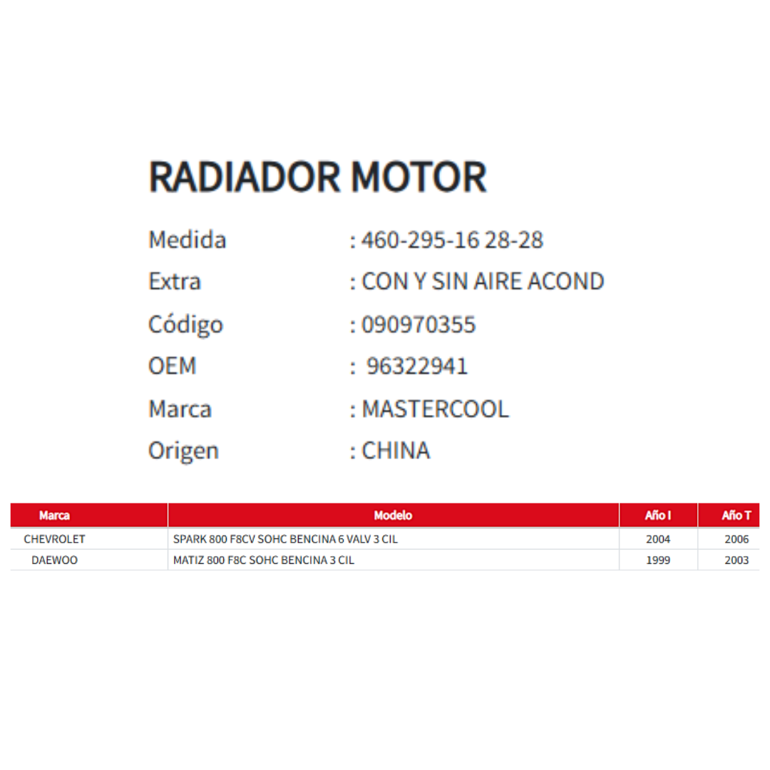 Radiador Motor Chevrolet Spark – Daewoo Matiz 800 (1999–2006)