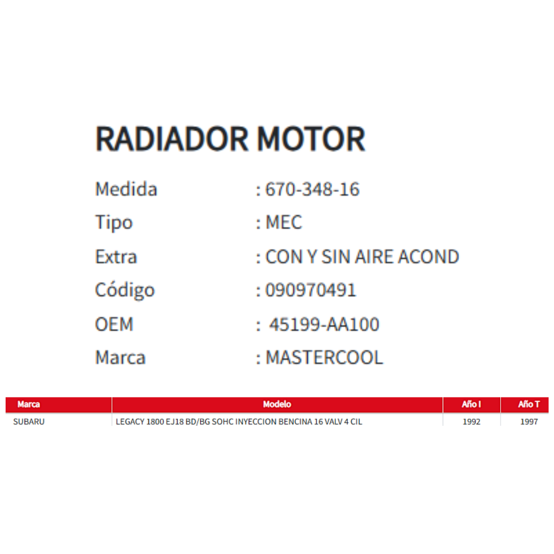 Radiador Subaru Legacy 1.8 1990-1997