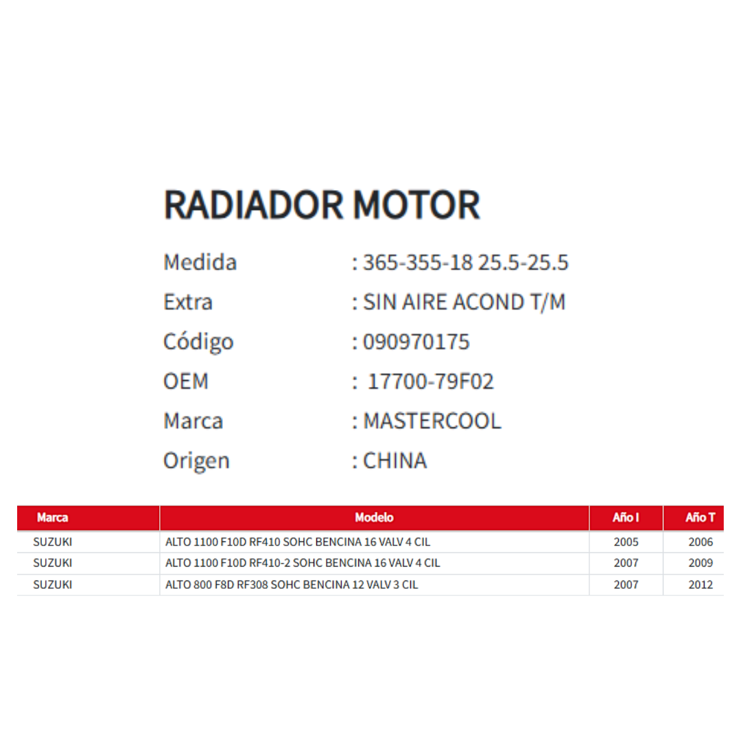 Radiador Motor Suzuki Alto 1.1 (2005 al 2009)