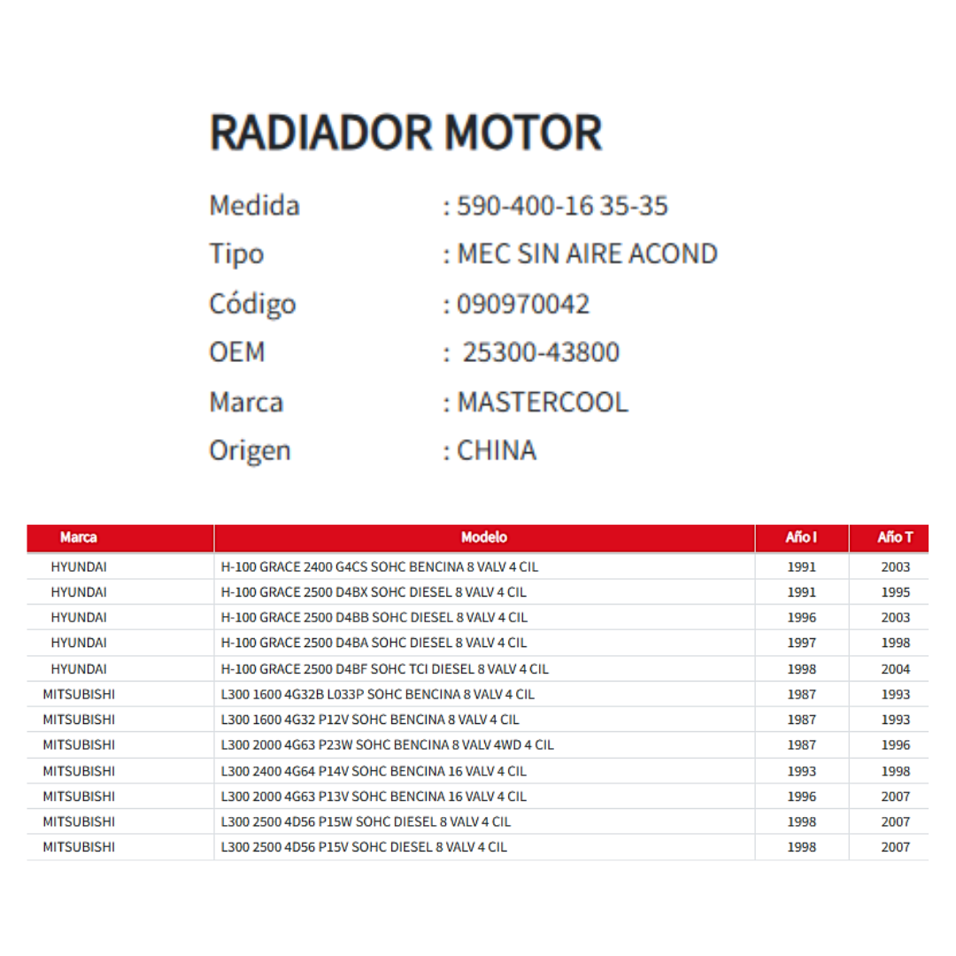 Radiador Motor Hyundai H100 Grace / Mitsubishi L300 1.6 / 2.0 / 2.4 / 2.5 (1987–2007)