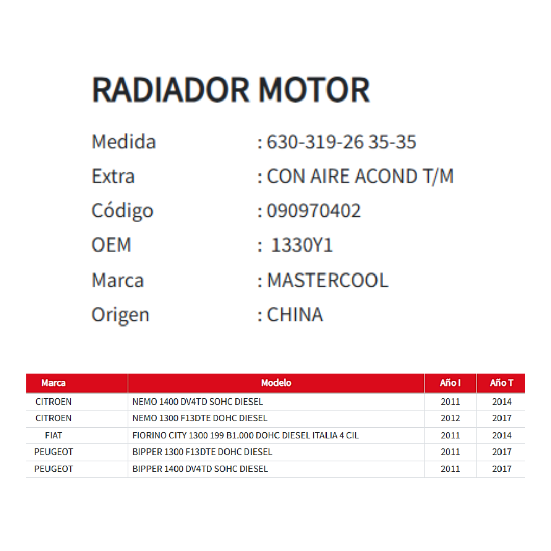 Radiador Motor Peugeot Bipper / Citroën Nemo / Fiat Fiorino 1.3 – 1.4 (2011–2017)