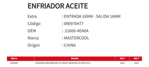 Enfriador De Aceite Nissan Qashqai 2.0 14-20