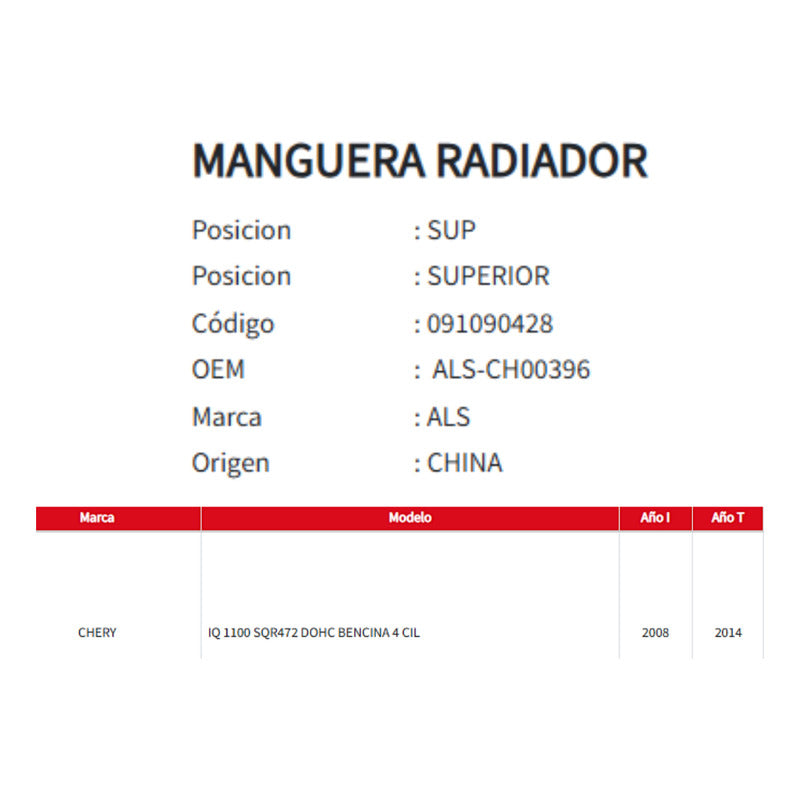 Manguera Radiador Chery Iq 1.1 Sqr472 Superior 08-14