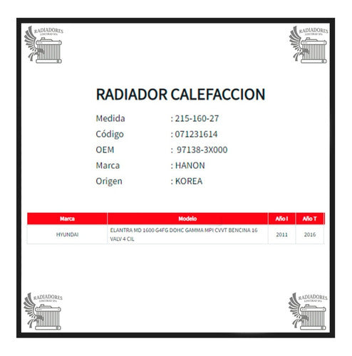 Radiador de Calefacción Hyundai Elantra 1.6 (2011–2016)