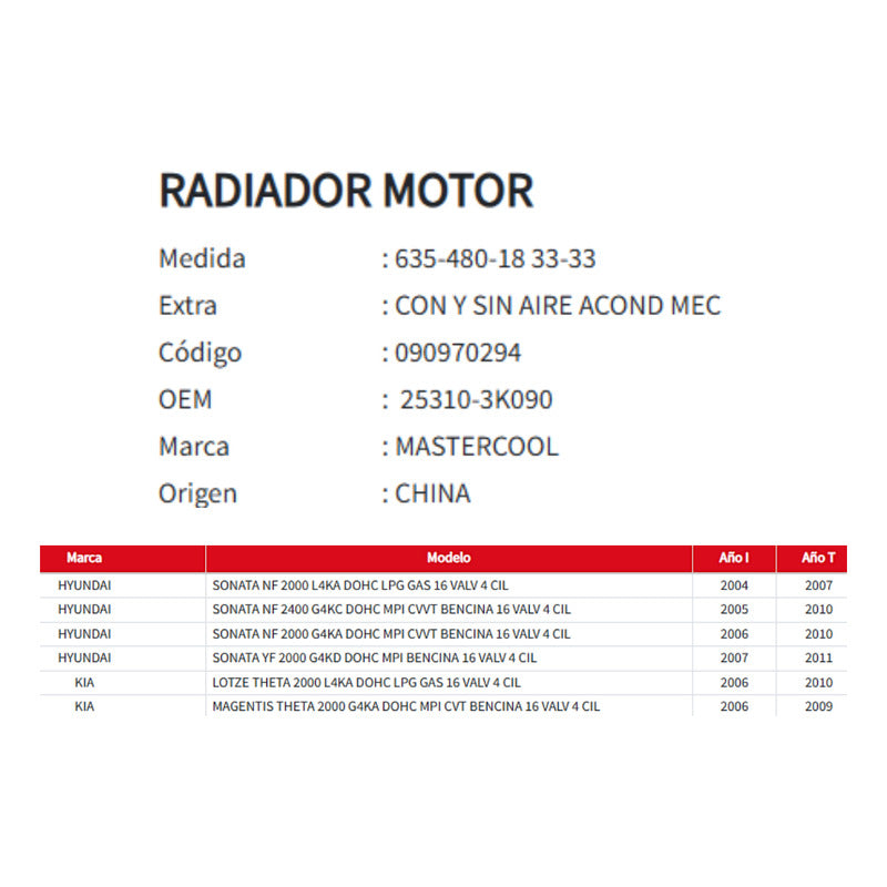 Radiador Motor Hyunday Sonata- Kia Lotze 2.0 04-11