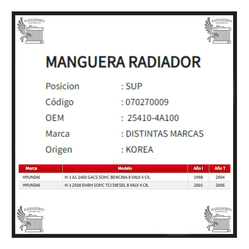 Manguera Radiador Hyundai Furgon H1 2.4/2.5 Superior 98-06