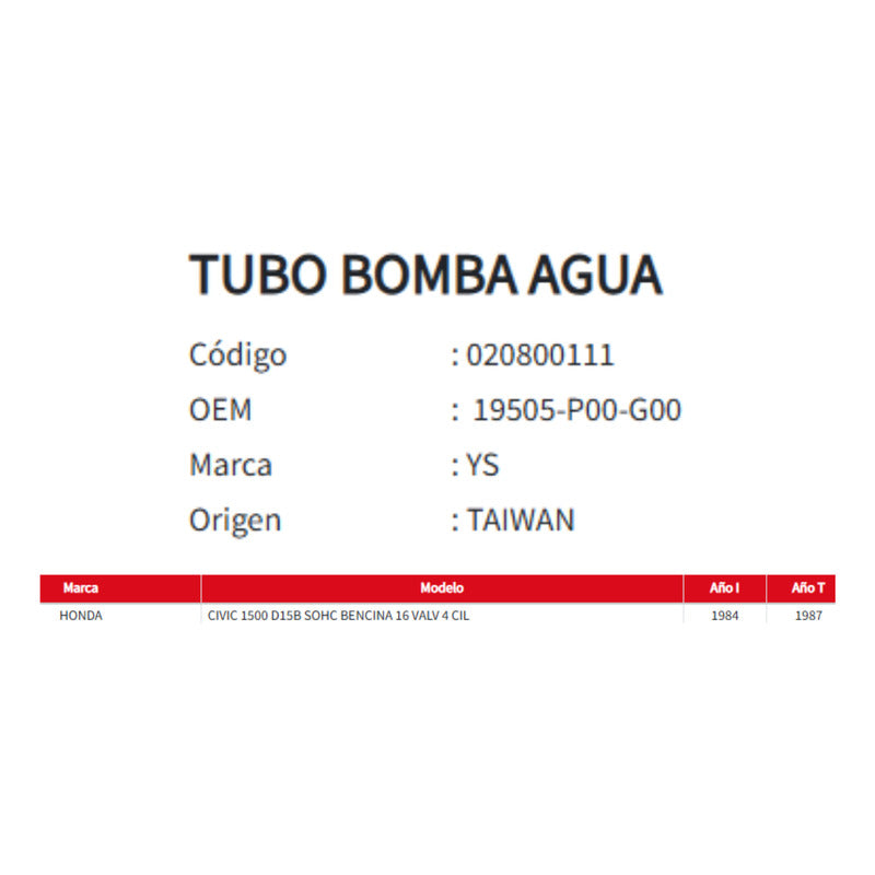 Tubo Bomba Agua Honda Civic 1984-1987