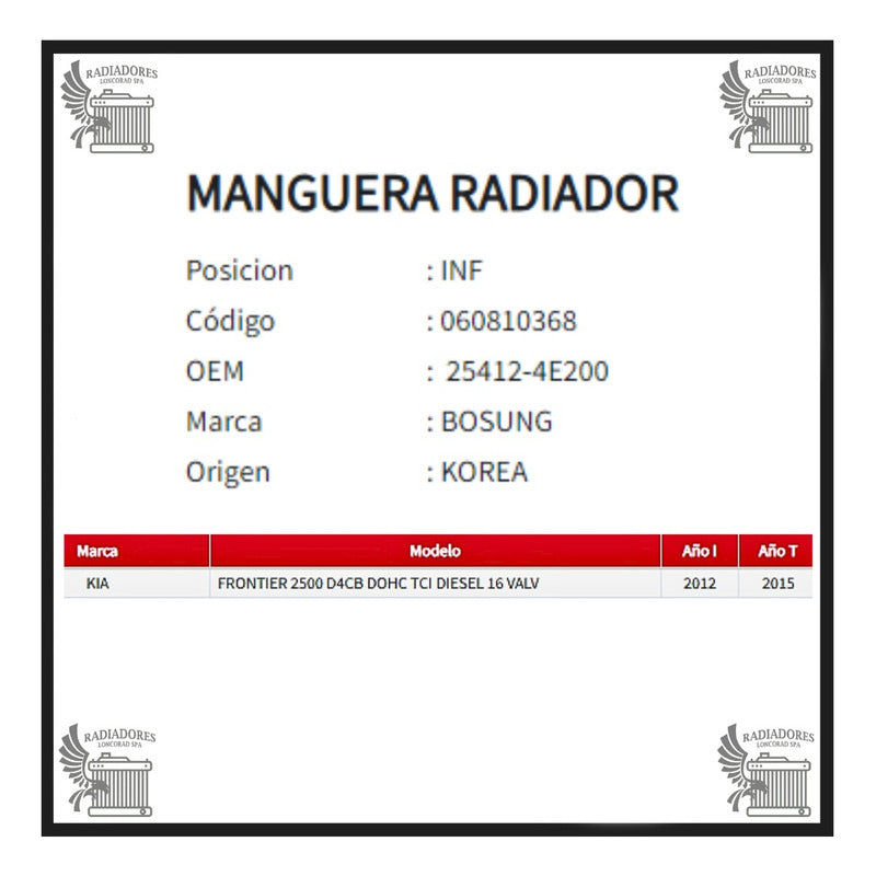 Manguera Radiador Kia Frontier 2.5 Inferior 12-15