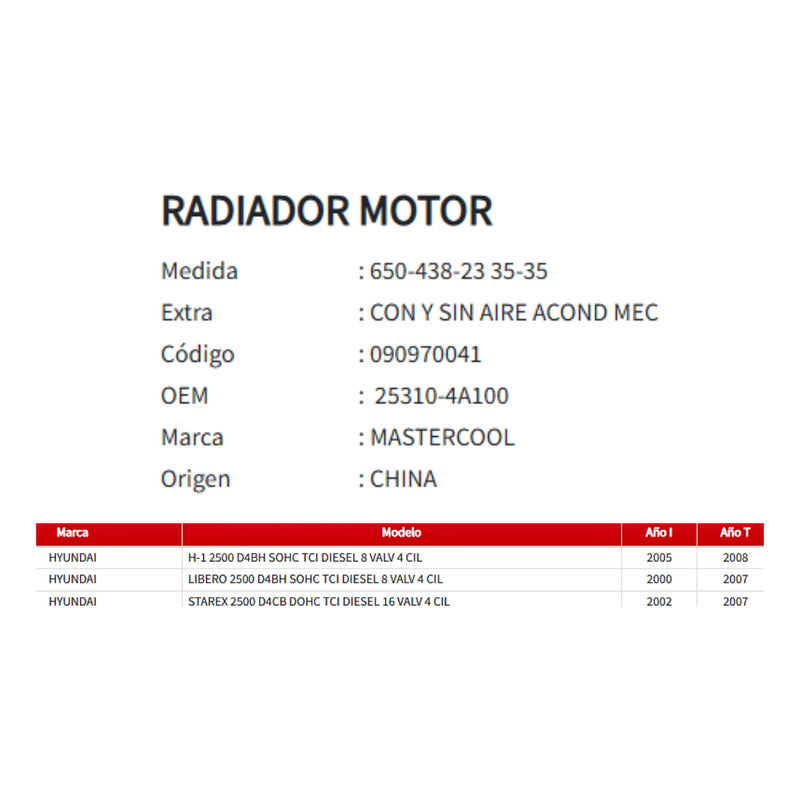 Radiador Motor Hyundai H-1/libero 2.5 2000-2008