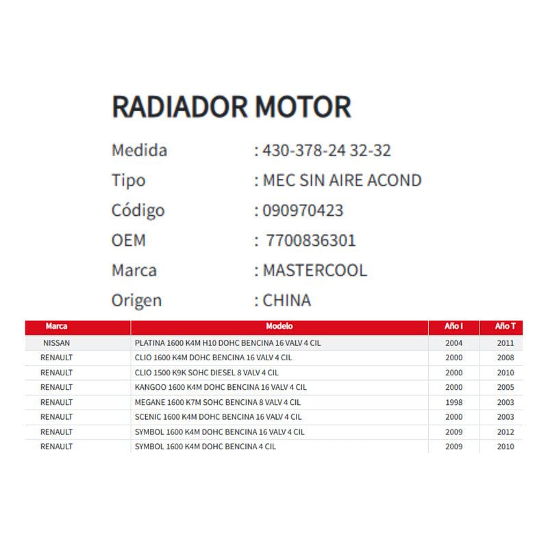 Radiador Motor Nissan Platina / Renault Clio -Kangoo-Megane-Scenic-Symbol 1.5/1.6