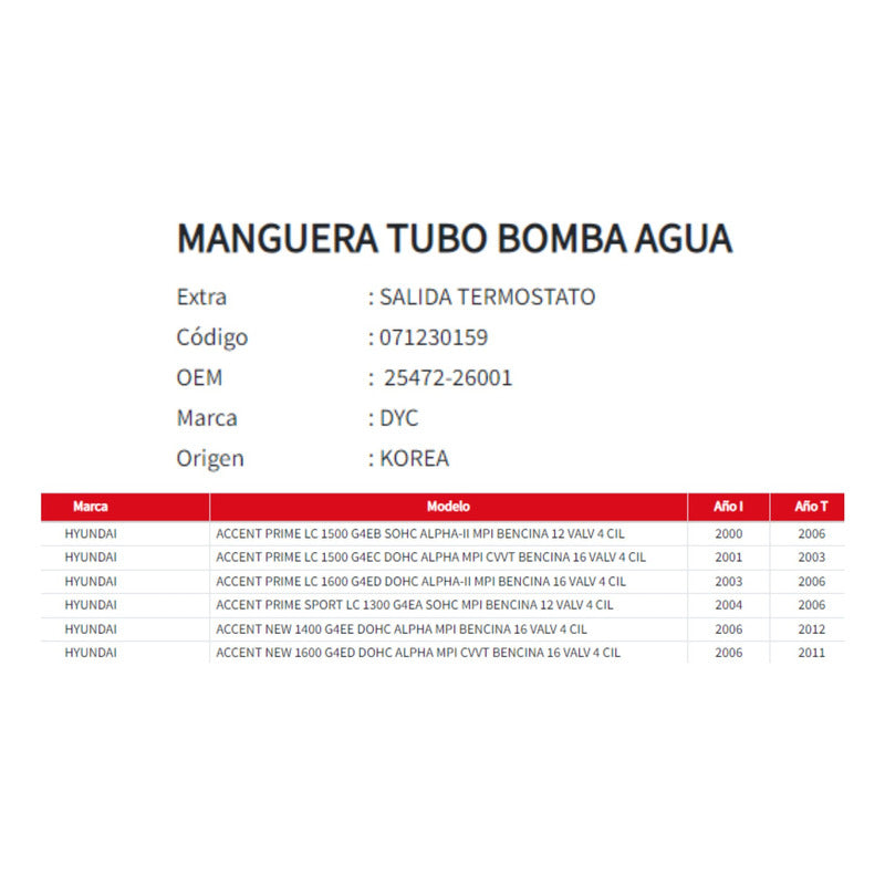 Manguera Tubo Bomba De Agua Hyundai Prime/new 1.4 2002-2012